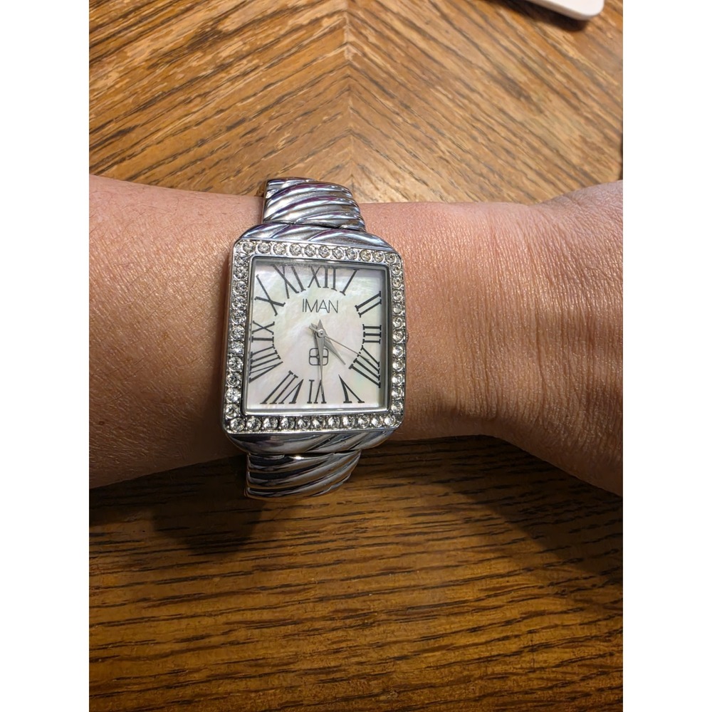 IMAN Silver Tone Rhinestone Women's Fasion Statement Dress Watch MoP Face NEW...